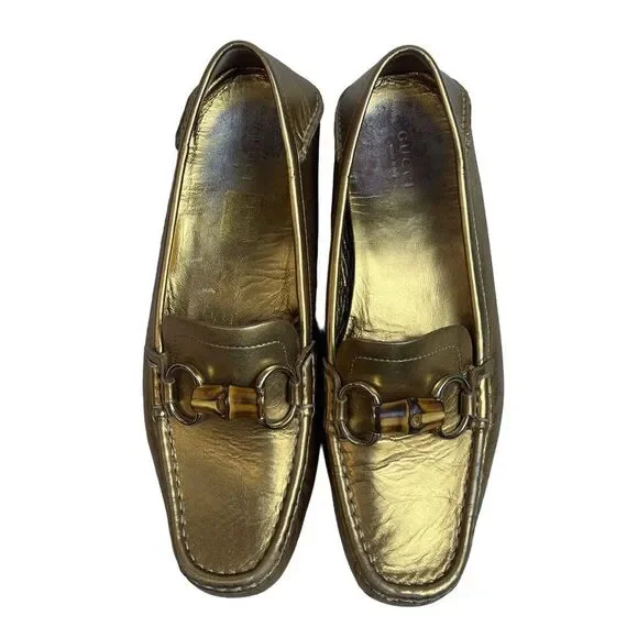 Gucci Women's 2000s Accent Gold Leather Loafers Sz 8.5 - Picture 6 of 14